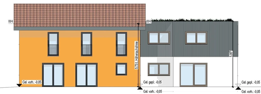 2D-Ansicht von Süden, Haus mit Anbau