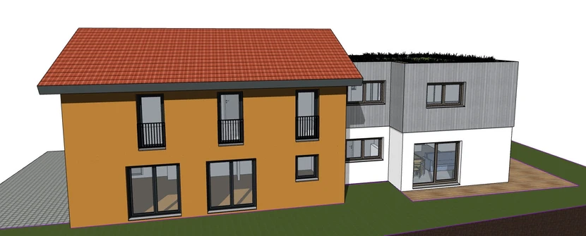 3D-Ansicht von Süden, Haus mit Anbau