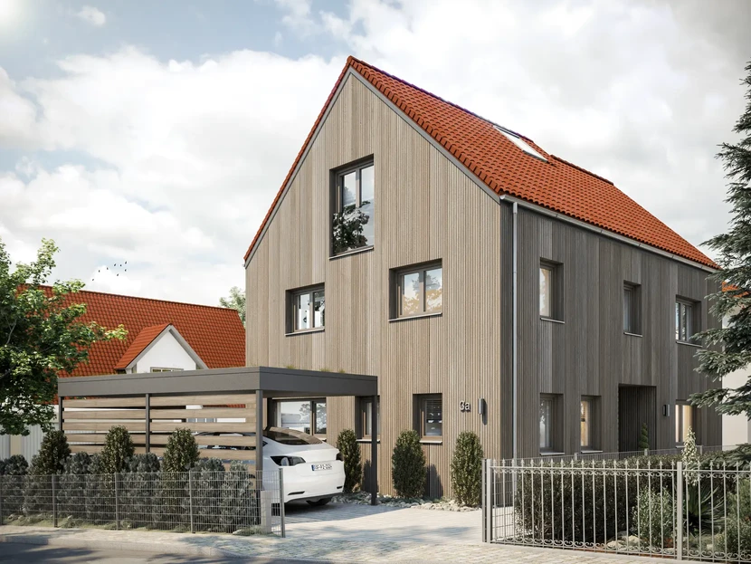 Rendering: Einfamilienhaus mit Holzfassade, Satteldach und Carport, Ansicht von der Straße in Pfaffenhofen an der Ilm