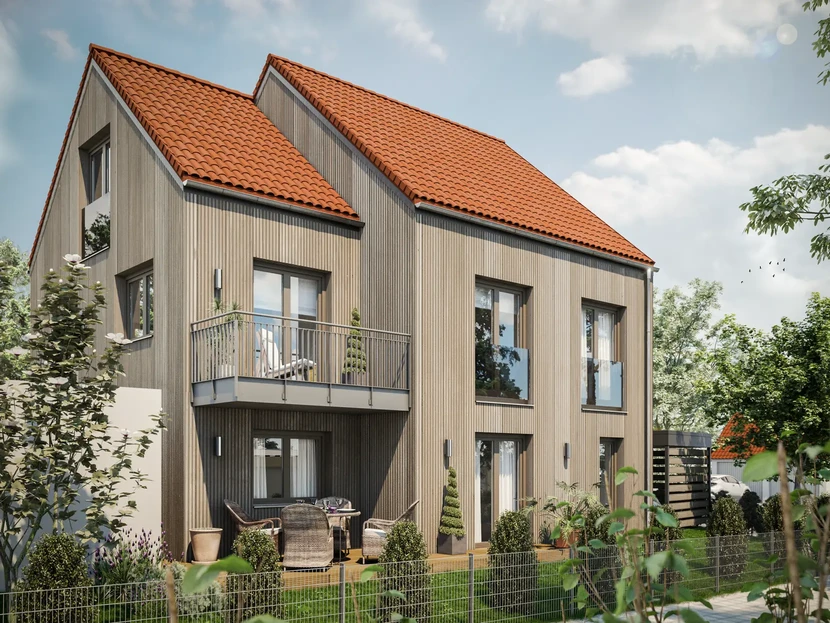 Rendering: Gartenseite des Einfamilienhauses mit Terrasse, Balkon und vertikaler Holzschalung in Schrägansicht