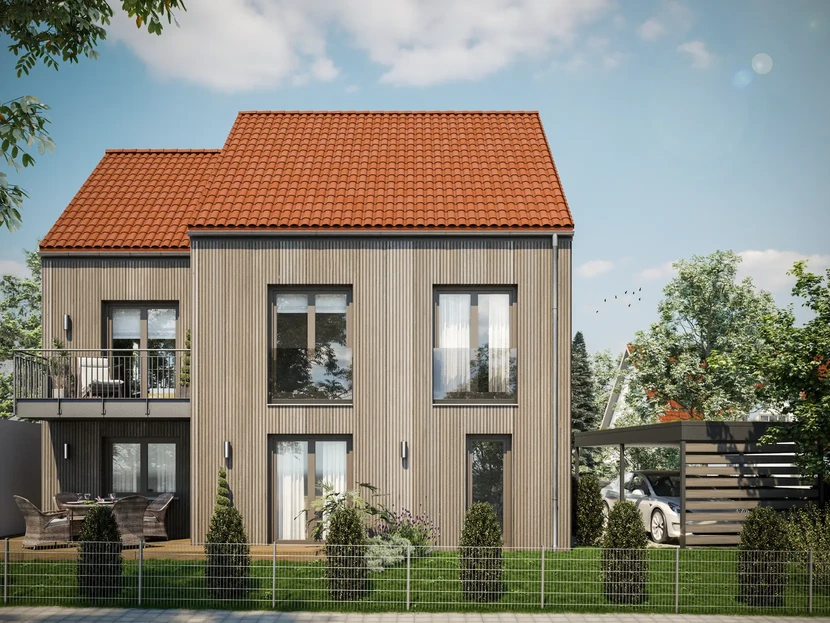Rendering: Frontalansicht der Gartenseite mit großen Fenstern, Terrasse und Carport des geplanten Einfamilienhauses